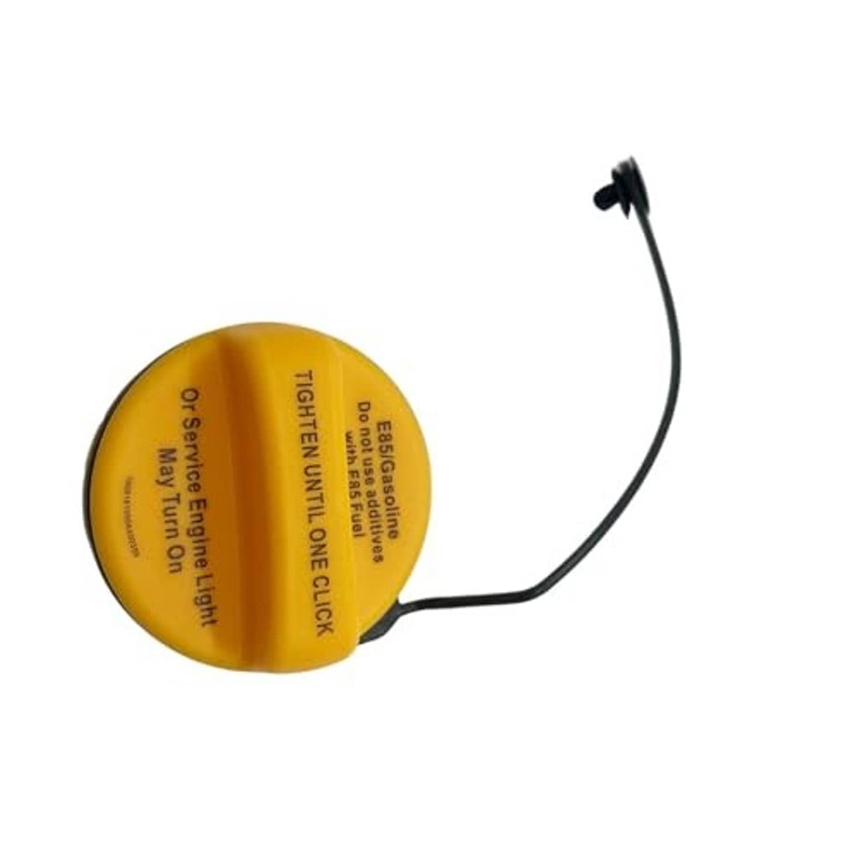Yellow fuel tank filler cap with black tether cord, side text visible.