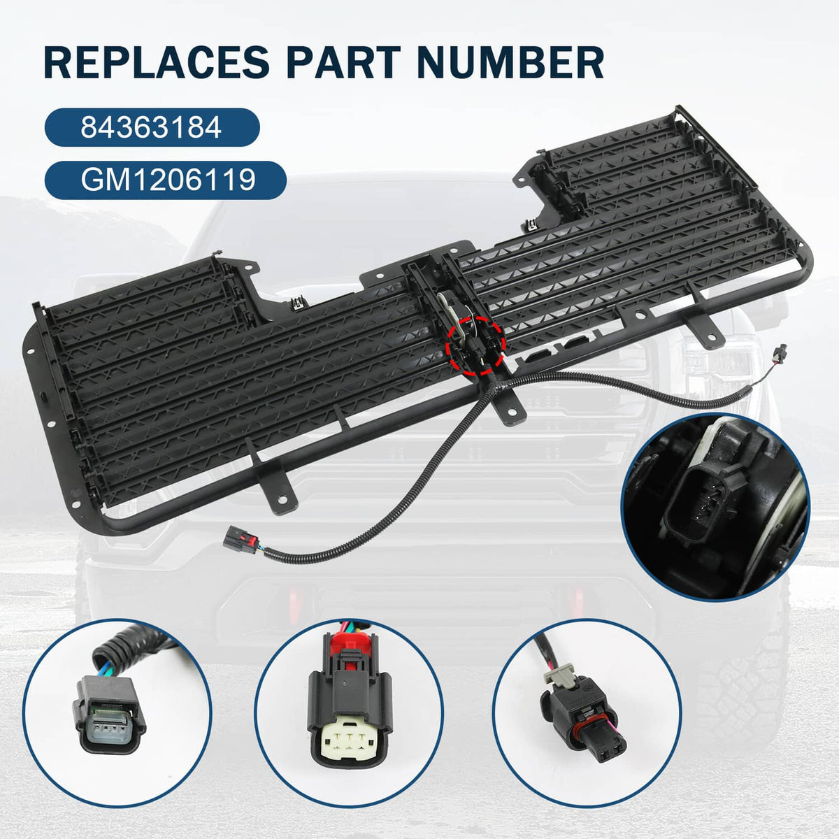Active grille shutter with motor and wiring harness, black louver panels