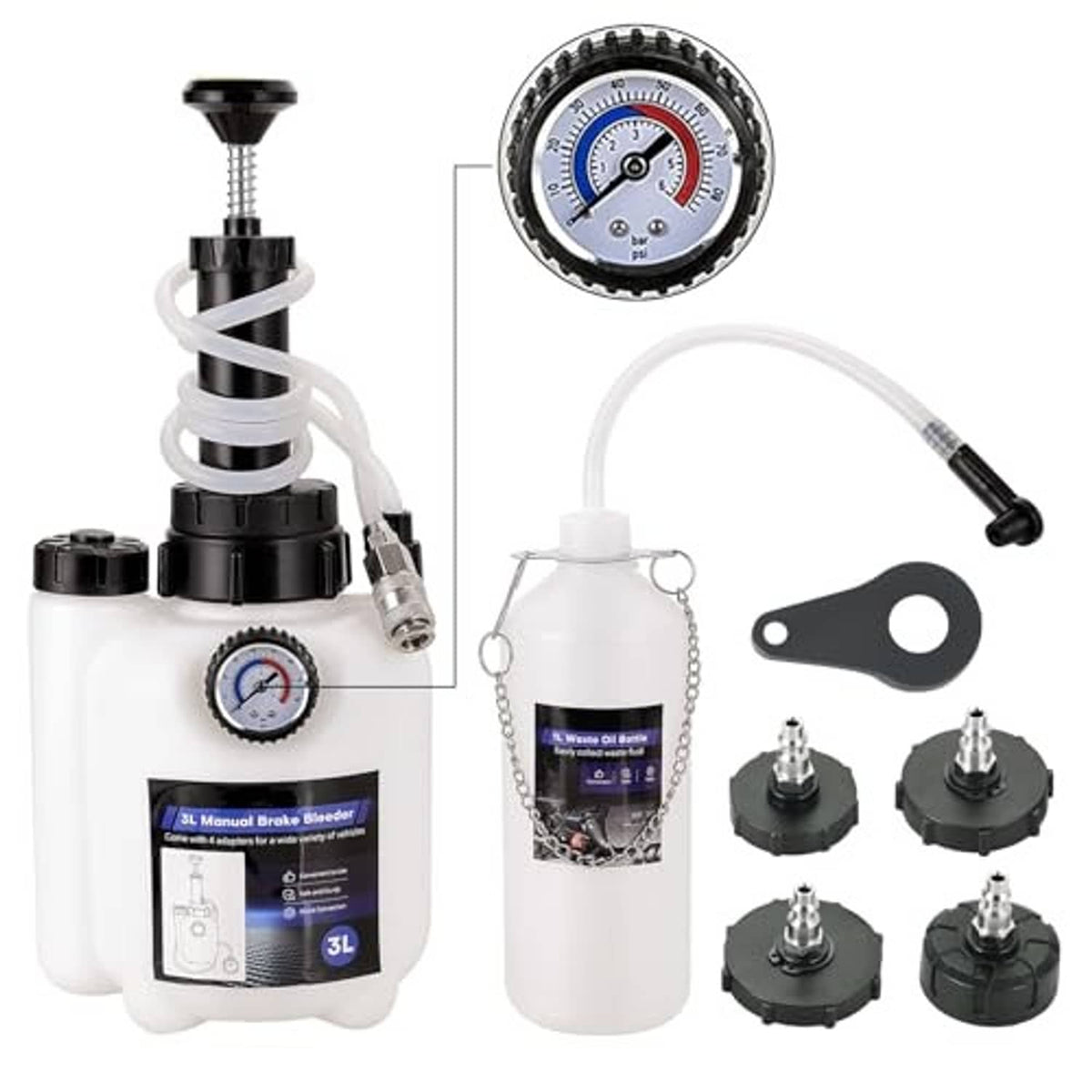 Brake bleeder kit with pressure gauge, hose, valve, adapters, and 3L waste bottle