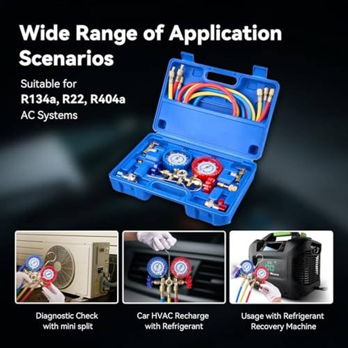 Blue AC HVAC manifold gauge kit with dual pressure dials, manifold, and multicolor hoses