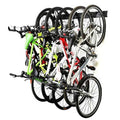 Wall-mounted bike storage rack with curved hooks holding six bicycles