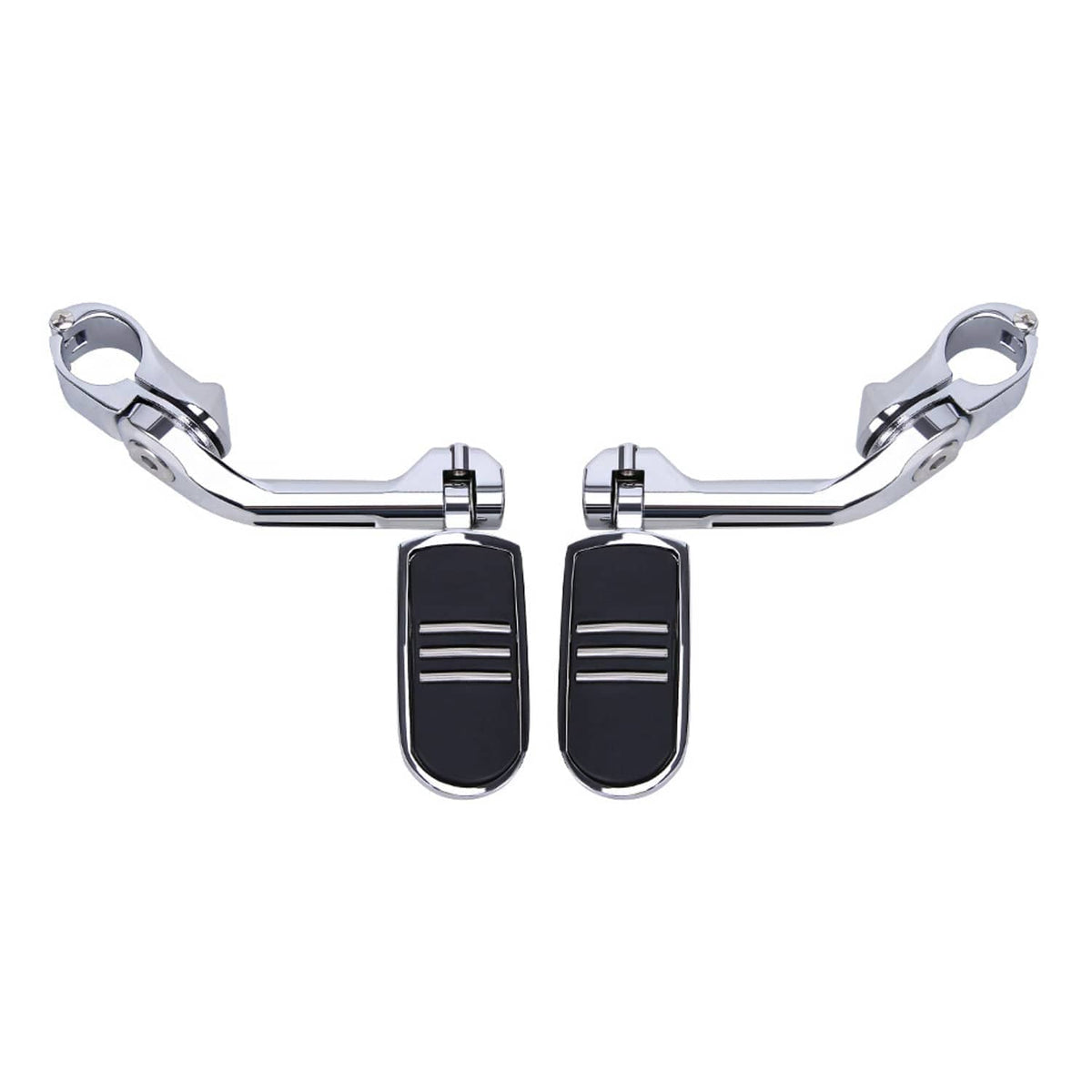 Chrome long highway motorcycle foot pegs with two black tread pads, front view