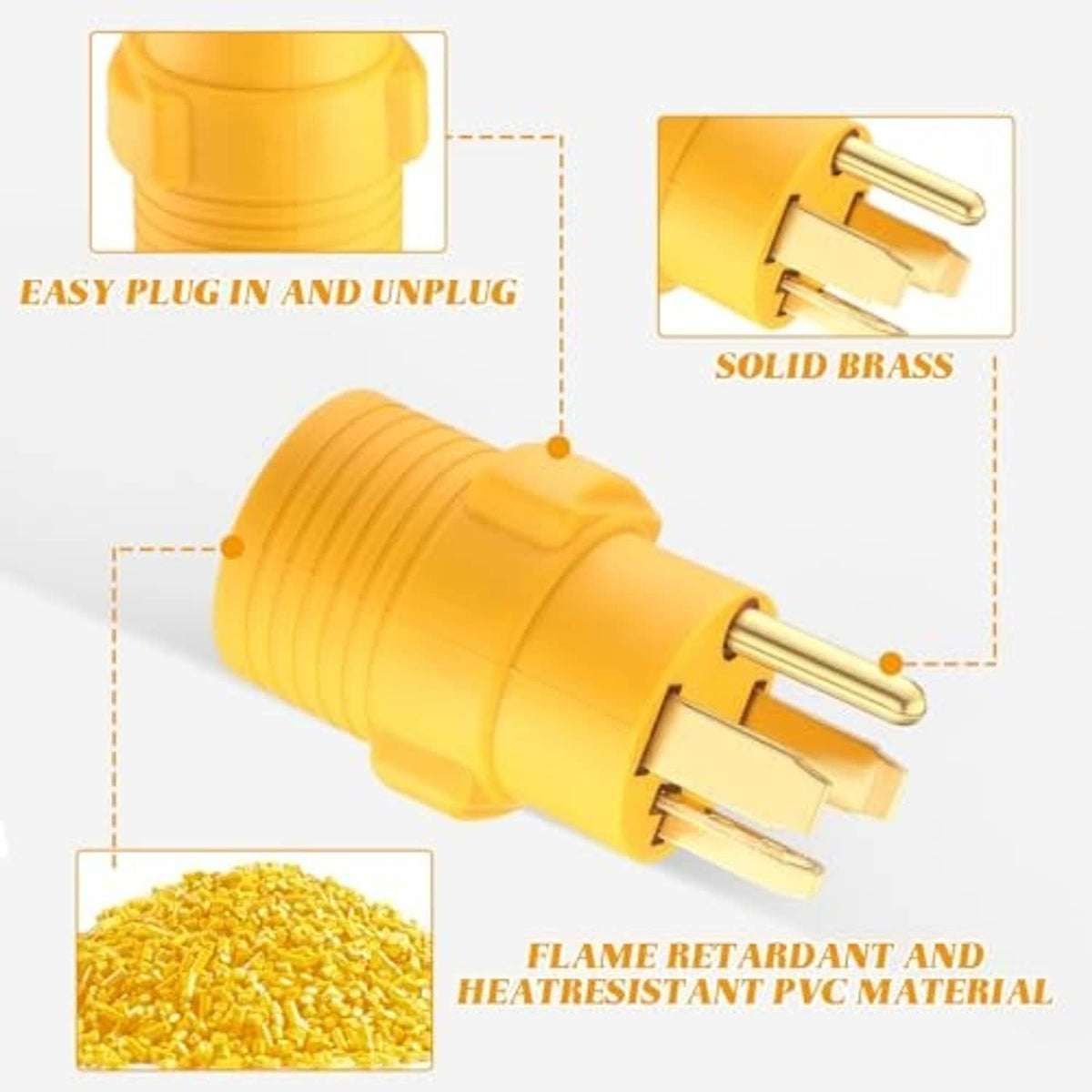Yellow PVC adapter plug with solid brass pins and rectangular grounding contacts