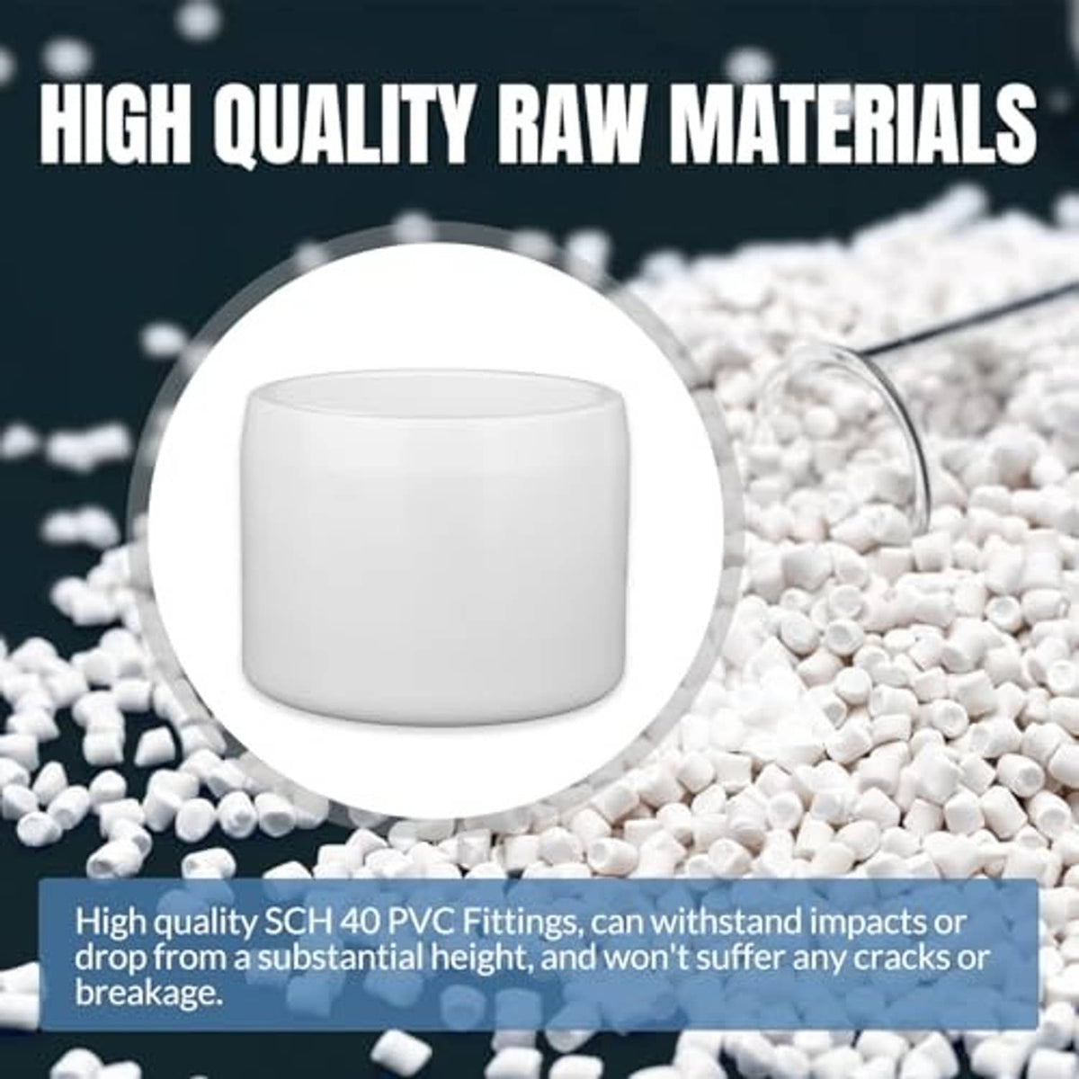 White PVC pipe end cap shown above PVC pellets, hollow cylinder shape