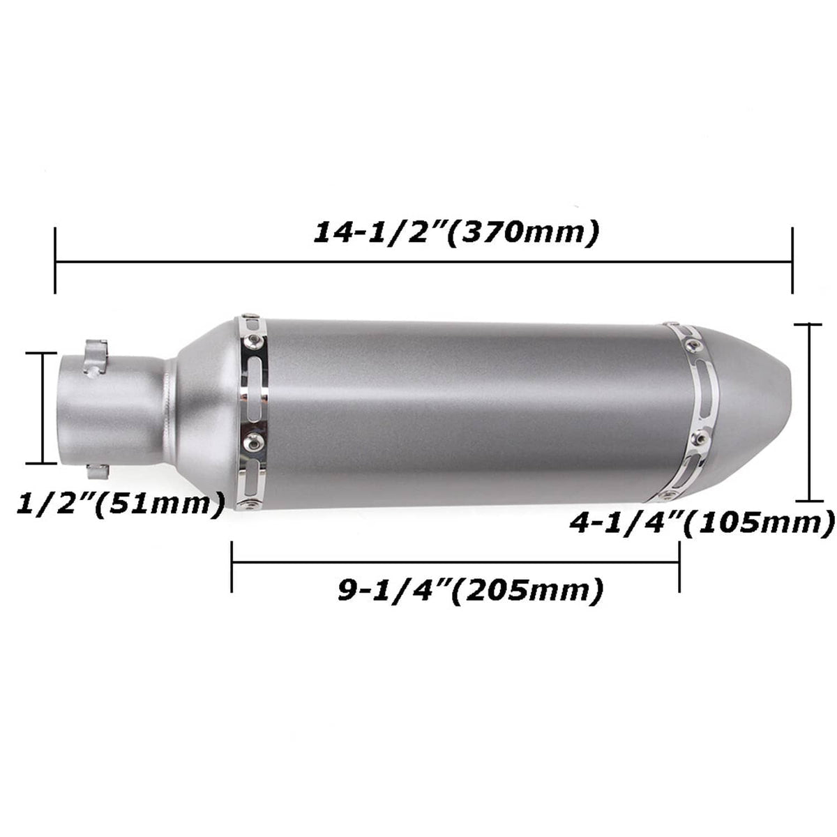 Silver motorcycle exhaust muffler with size diagram showing length and inlet/outlet