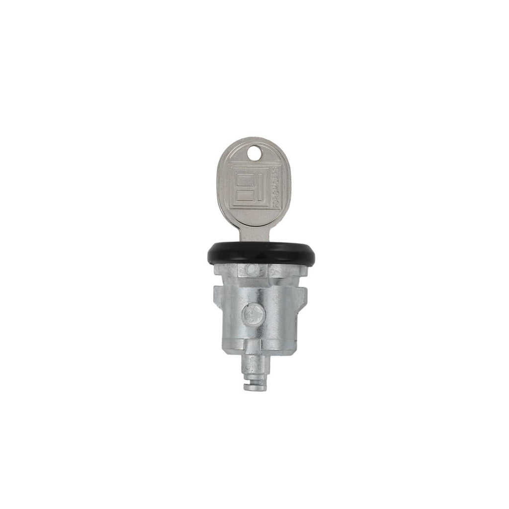 Single lock cylinder with key, gray housing, and black trim cap