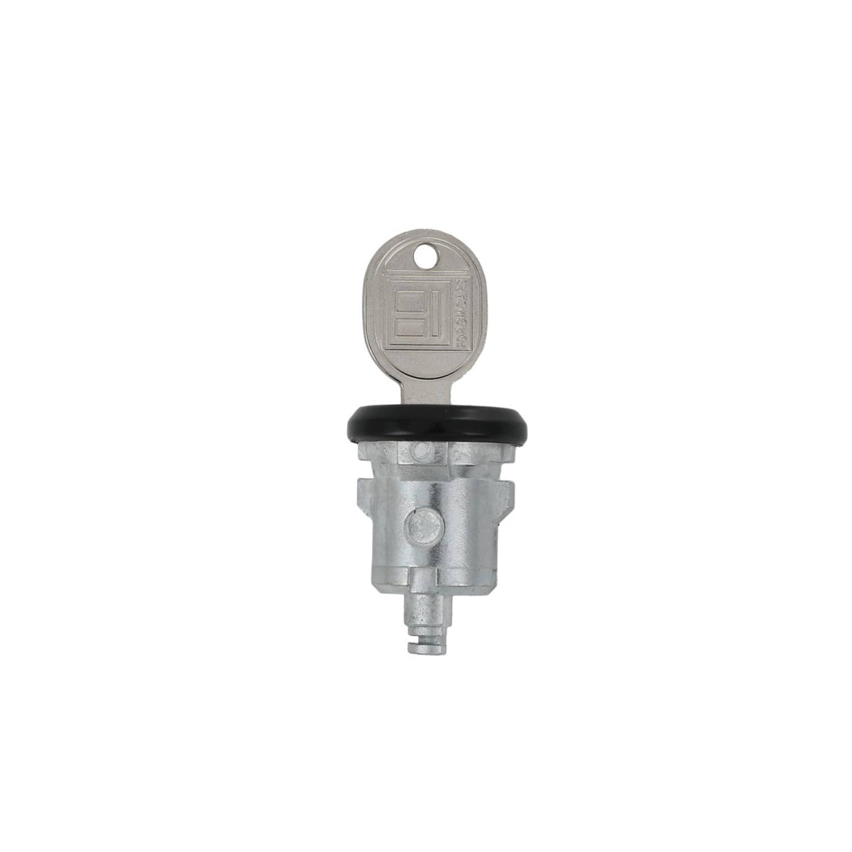 Single lock cylinder with key, gray housing, and black trim cap