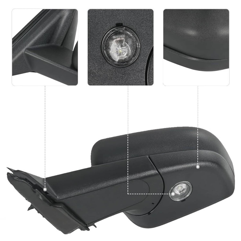 Power heated side mirror with mounting bracket, puddle light detail, dark housing