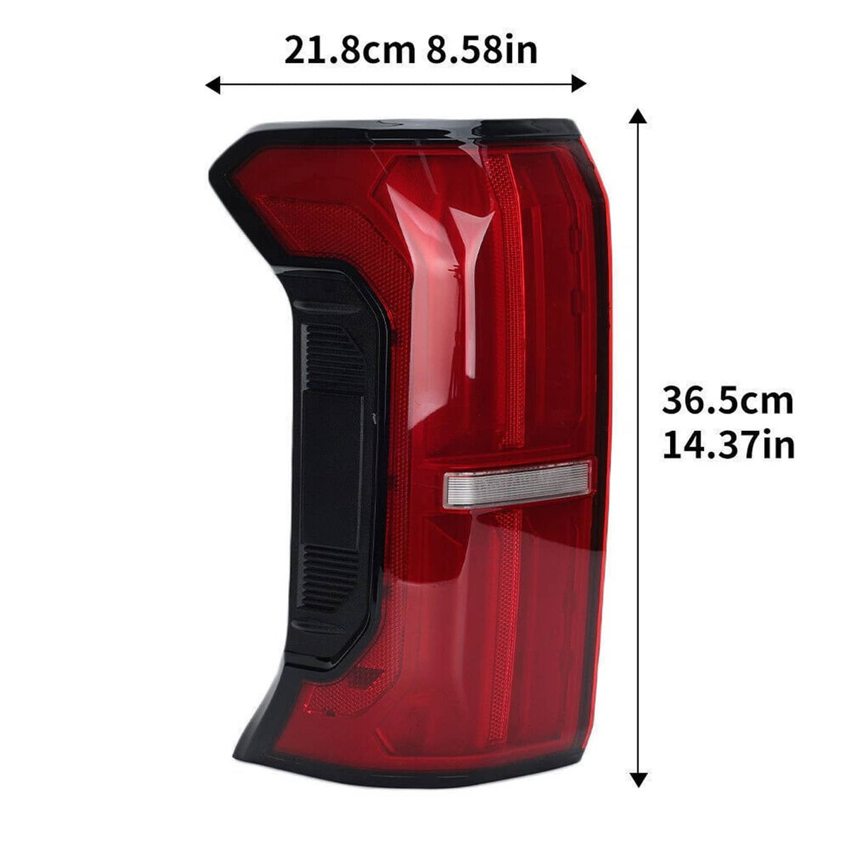 Red LED tail light with black housing, shown with size dimensions