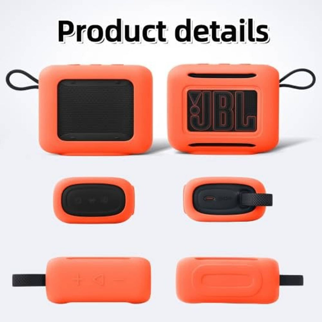 Orange silicone speaker case set with cutouts and front grille views