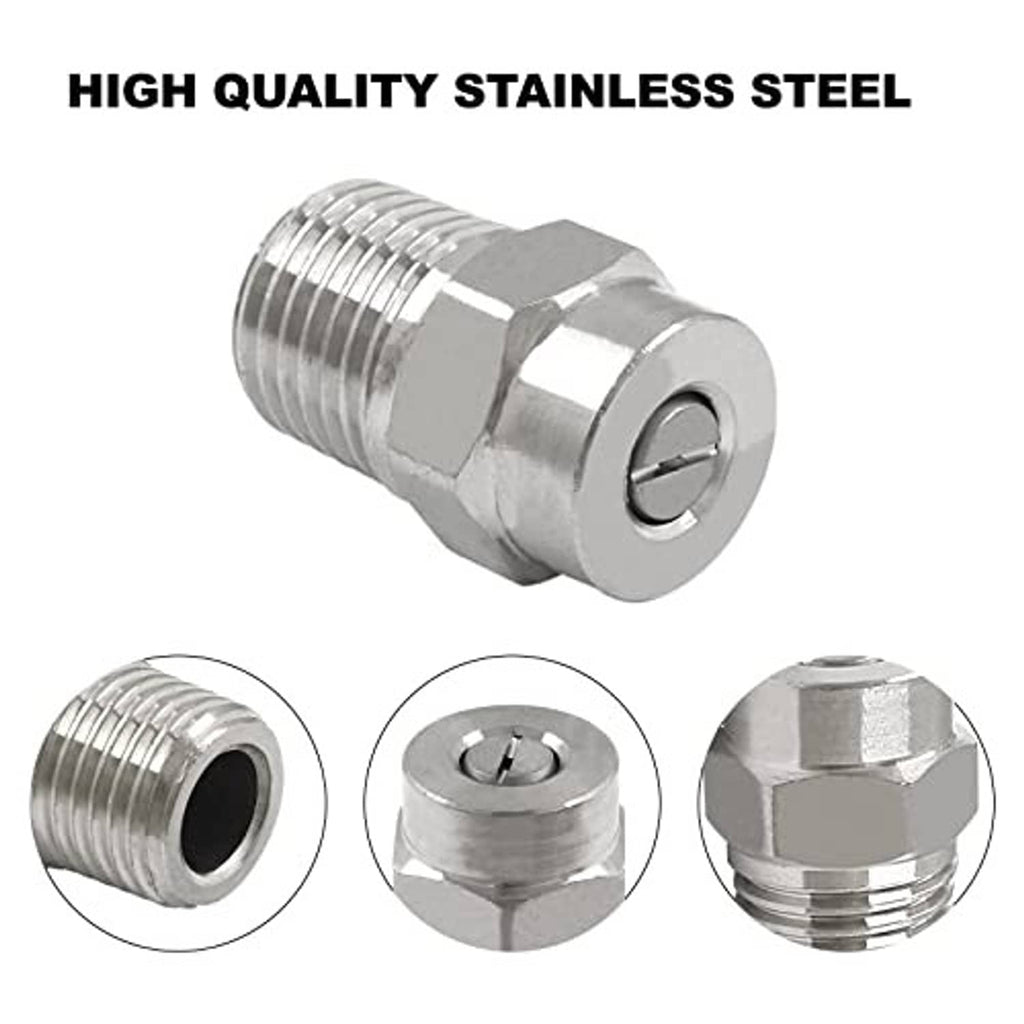 Stainless steel spray tip connector set with side and end-hole detail, 2 pcs