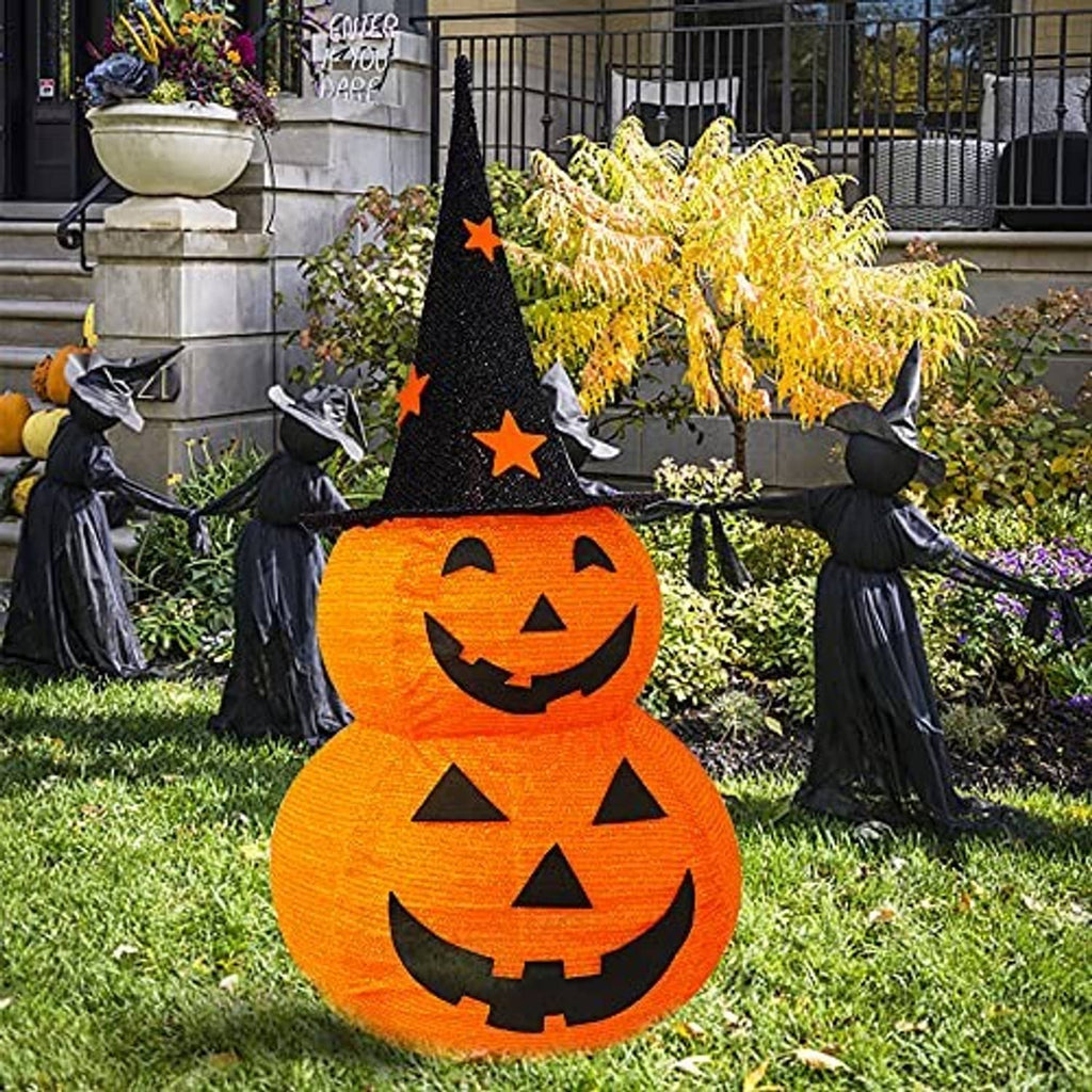 Pre-lit 3 ft Halloween pumpkin decoration with two-tier jack-o’-lantern faces