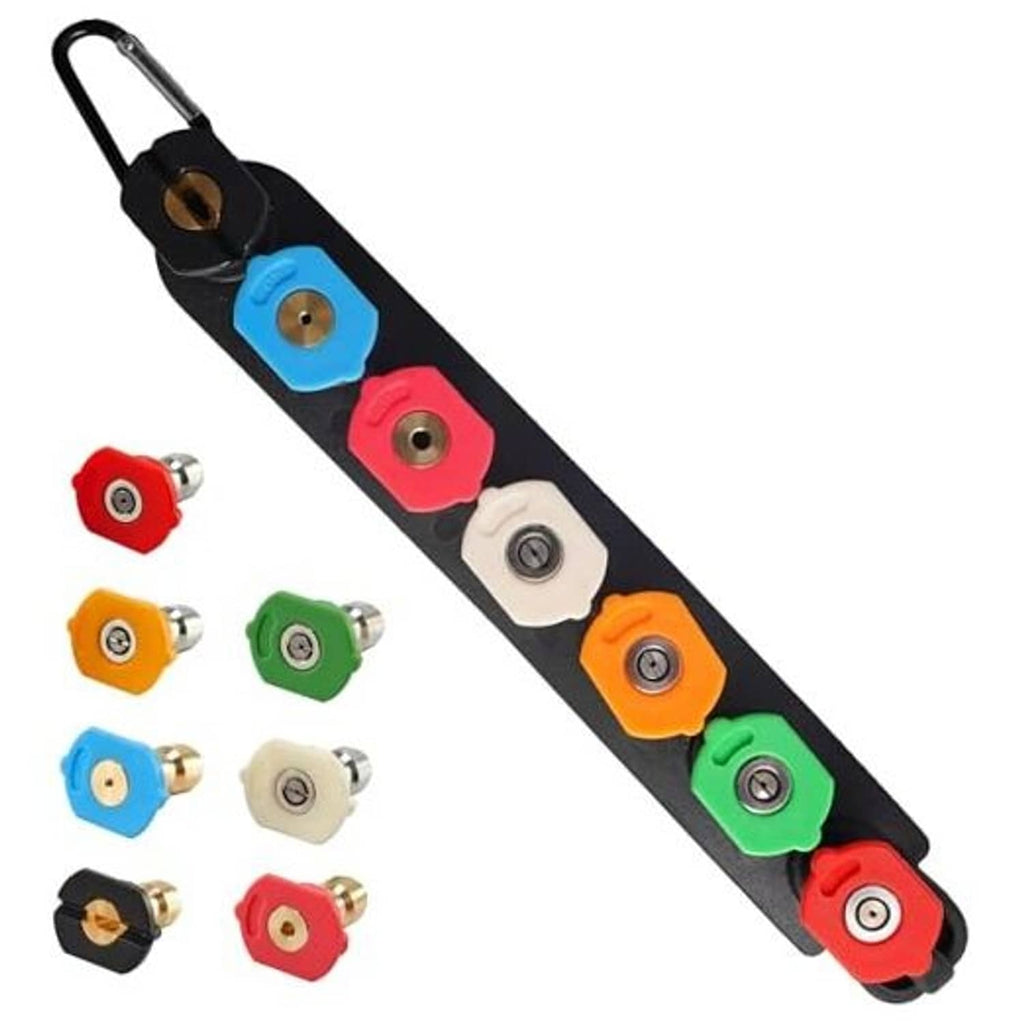 Pressure washer nozzle tip holder with seven color-coded spray tips on a black bar