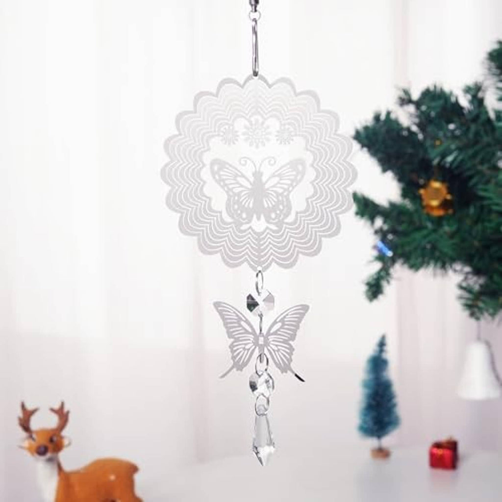 Silver sunburst and butterfly wind spinner with clear crystal drops for hanging.