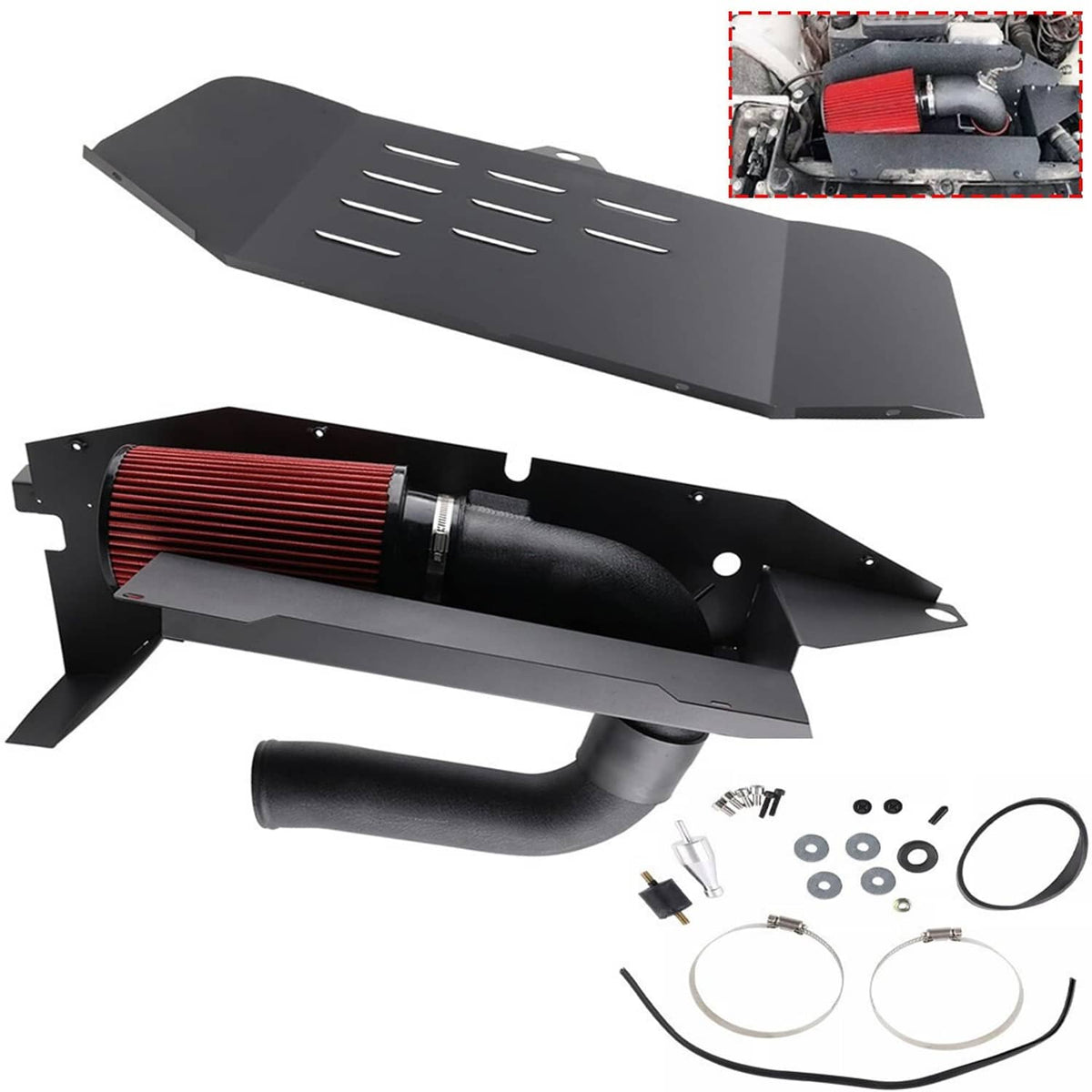Black cold air intake kit with red cone air filter and molded intake hoses