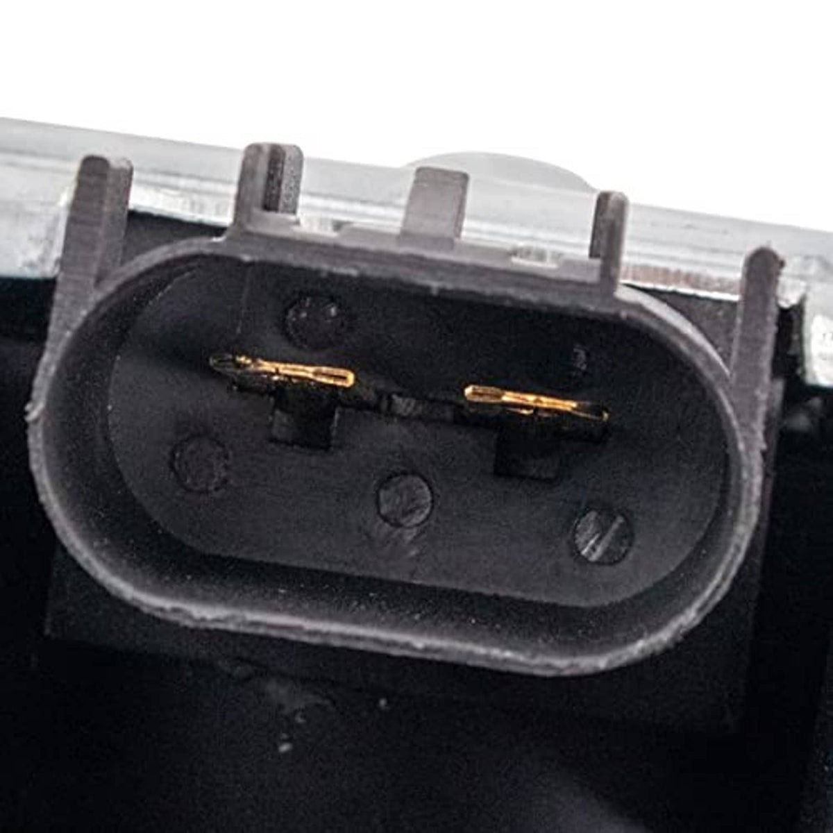 Black radiator fan connector face with two gold pins and mounting tabs
