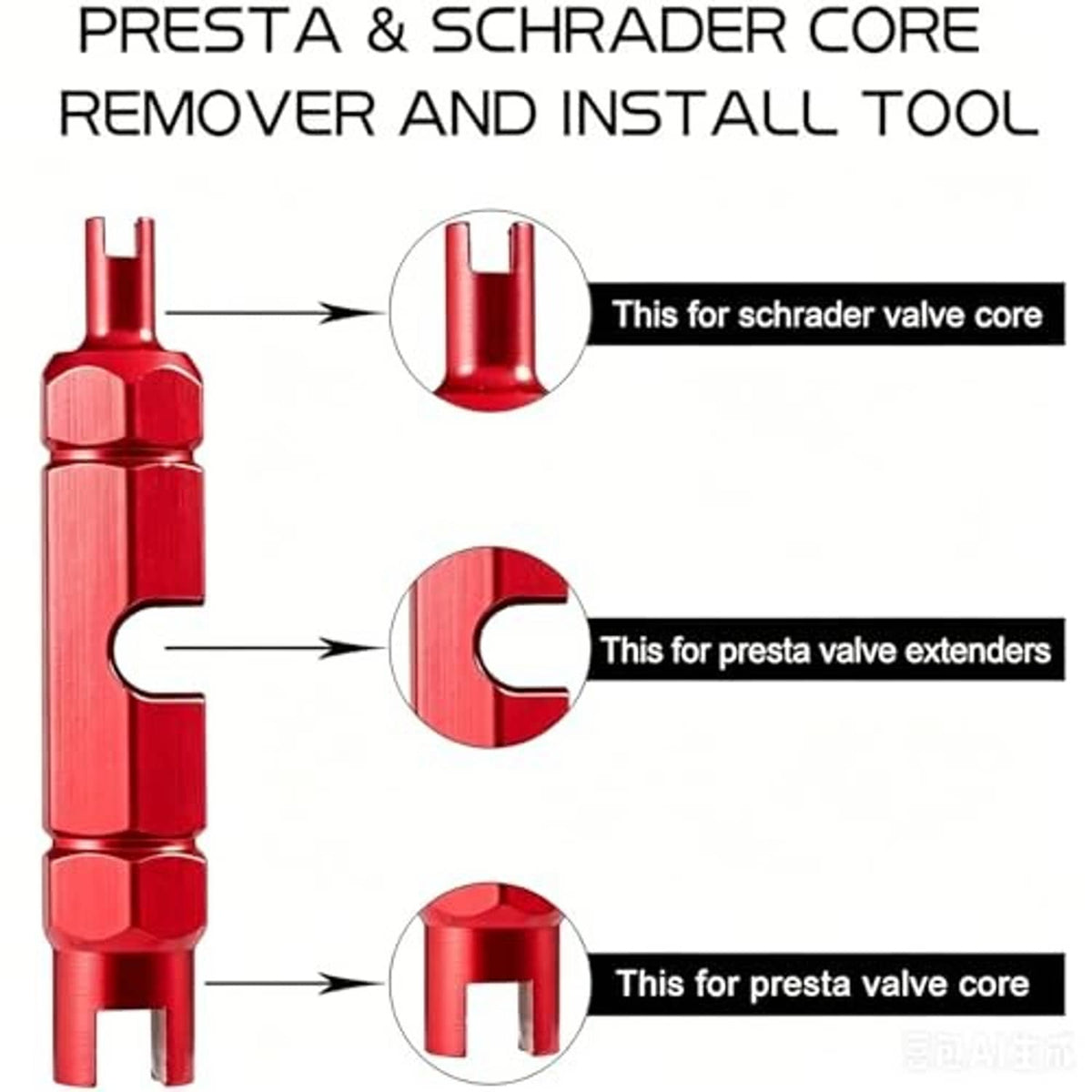 Bicycle valve core remover tool with different ends for Presta and Schrader valves