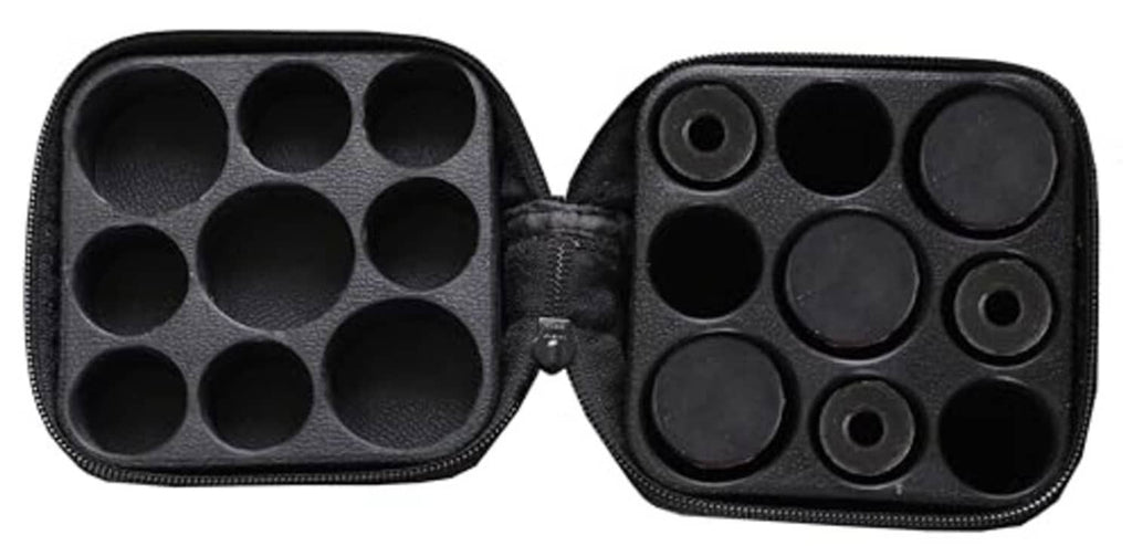 Black zippered cue tip holder case with circular compartments and divider