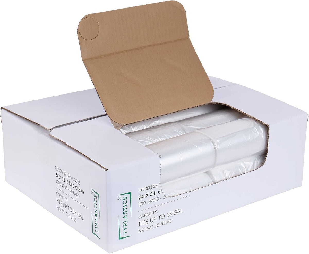 Clear plastic trash can liner pack, open box showing rolled bags