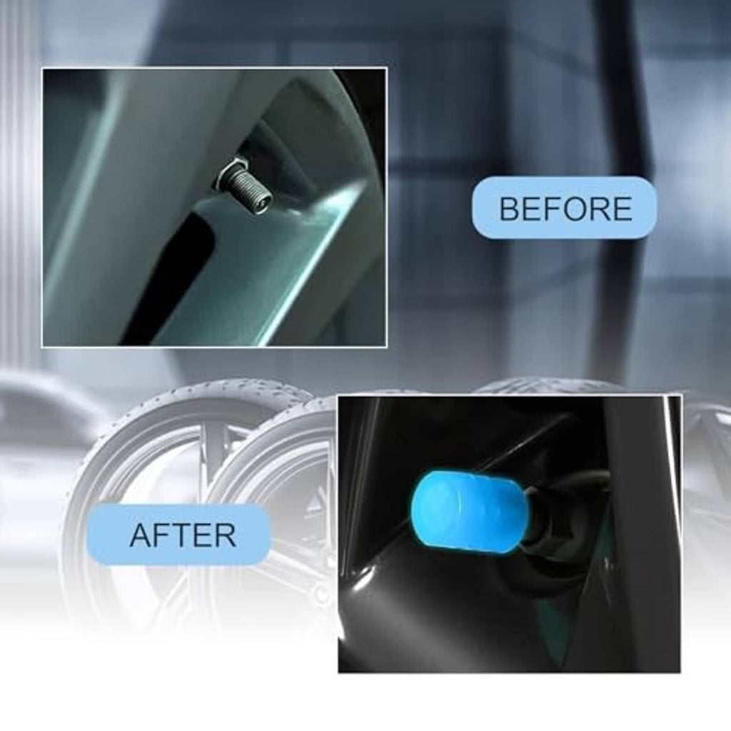 Blue glow valve stem dust cap before-and-after on a vehicle wheel