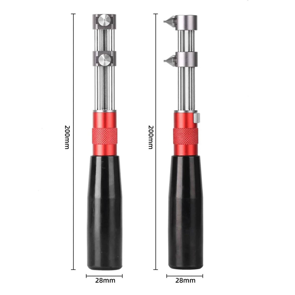 Adjustable watch case back opener tool with two steel jaws, red grip, size markers