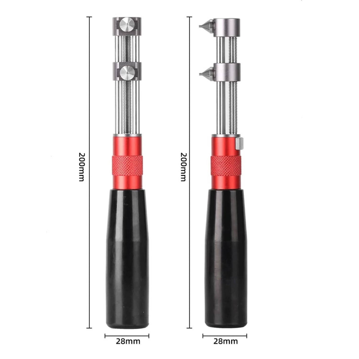 Adjustable watch case back opener tool with two steel jaws, red grip, size markers