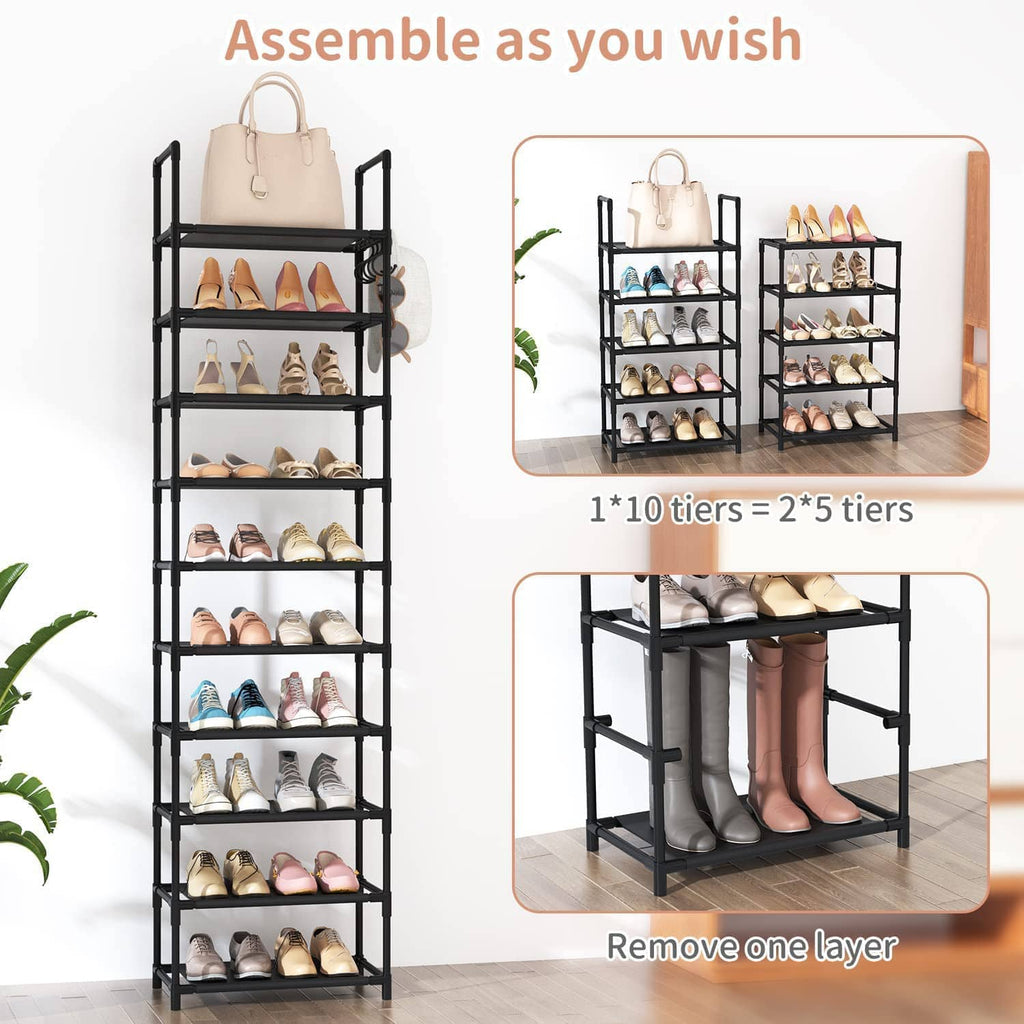 Black 10-tier/5-tier shoe rack with removable layer shown for flexible assembly