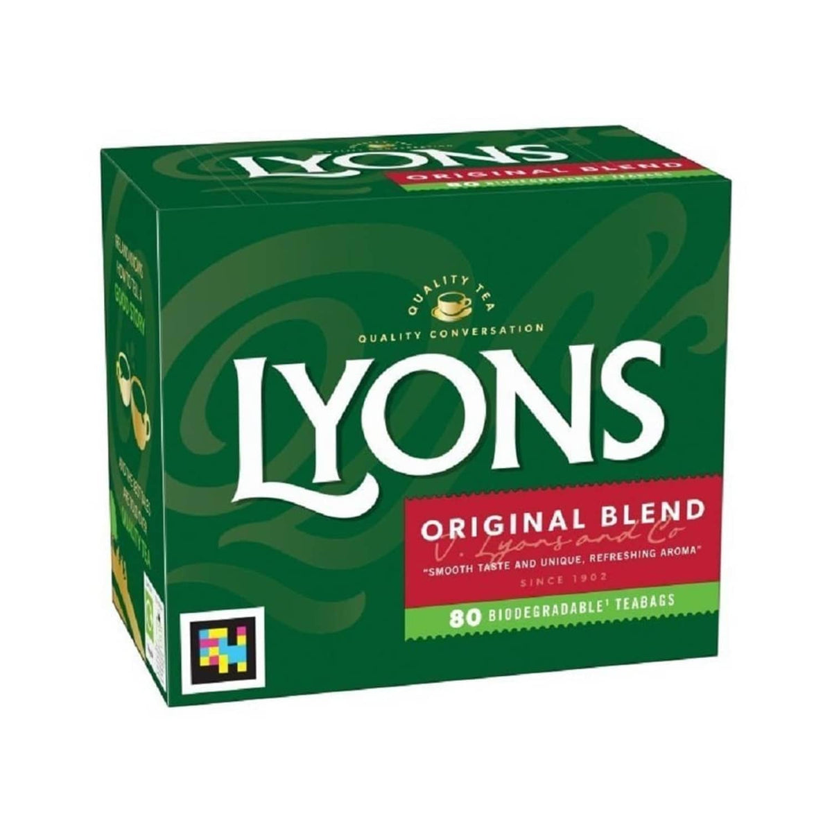 Green LYON'S Original Blend tea bags carton with 80 biodegradable teabags