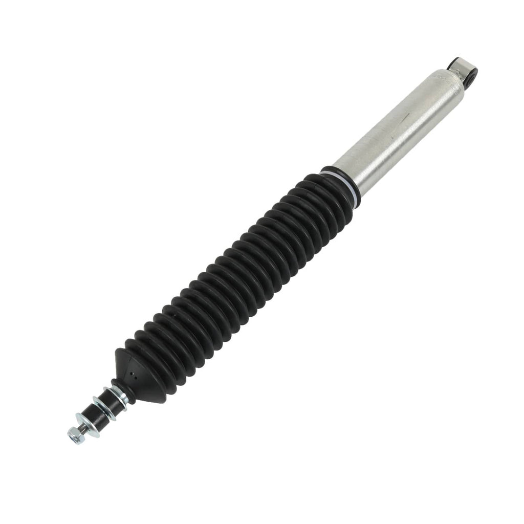 Rear shock absorber single unit with black coil boot and silver body with end hardware