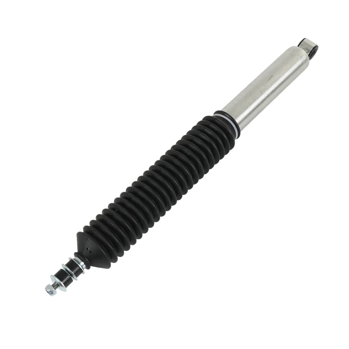 Rear shock absorber single unit with black coil boot and silver body with end hardware
