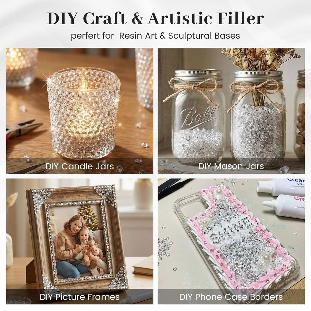 Clear faux rhinestone beads filling DIY jars and candle containers