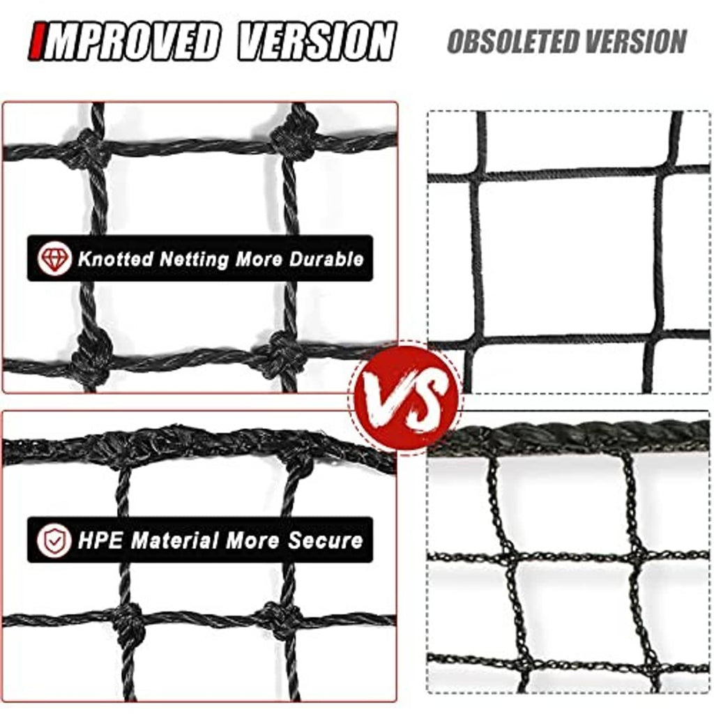 Sports net comparison showing knotted, reinforced mesh on the improved version