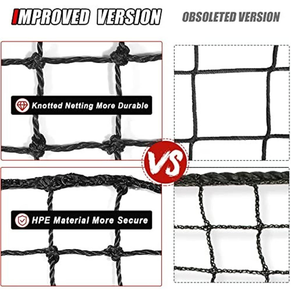 Sports net comparison showing knotted, reinforced mesh on the improved version