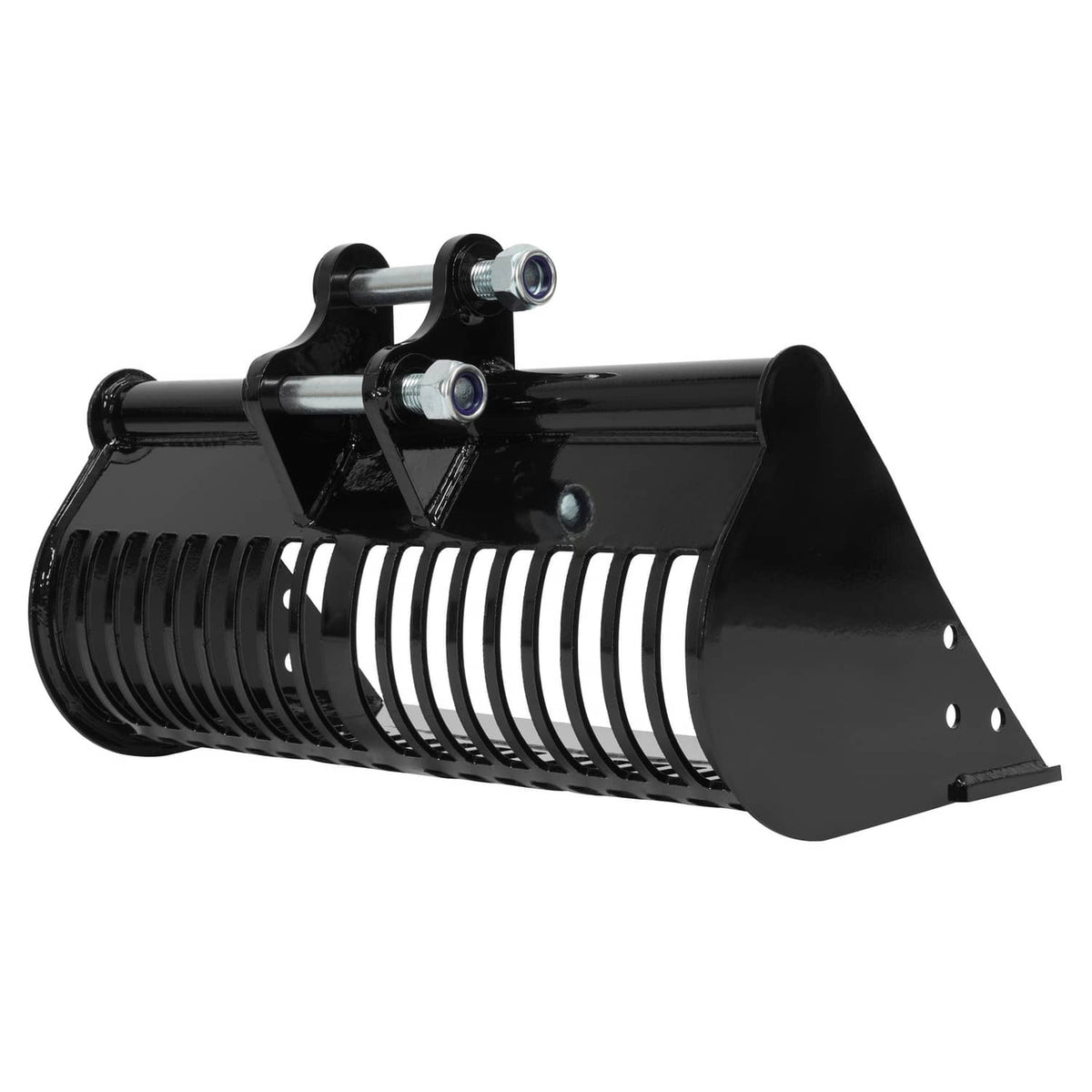 Black screening skeleton mud bucket attachment with side plates and mounting pins