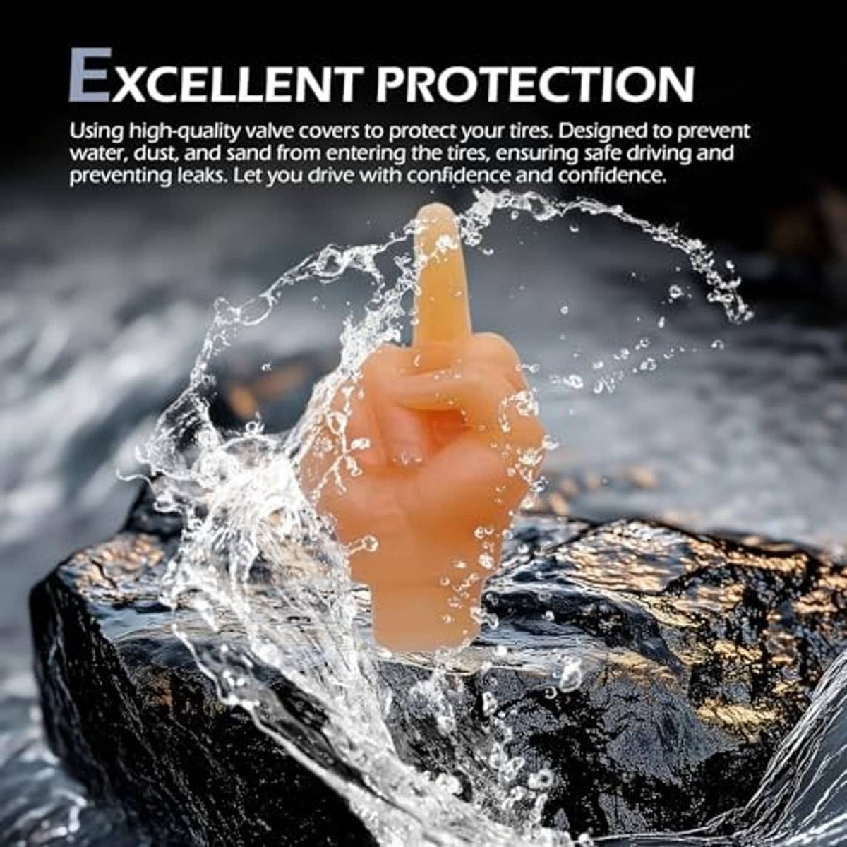 Orange middle-finger tire valve cap, glow-in-the-dark style