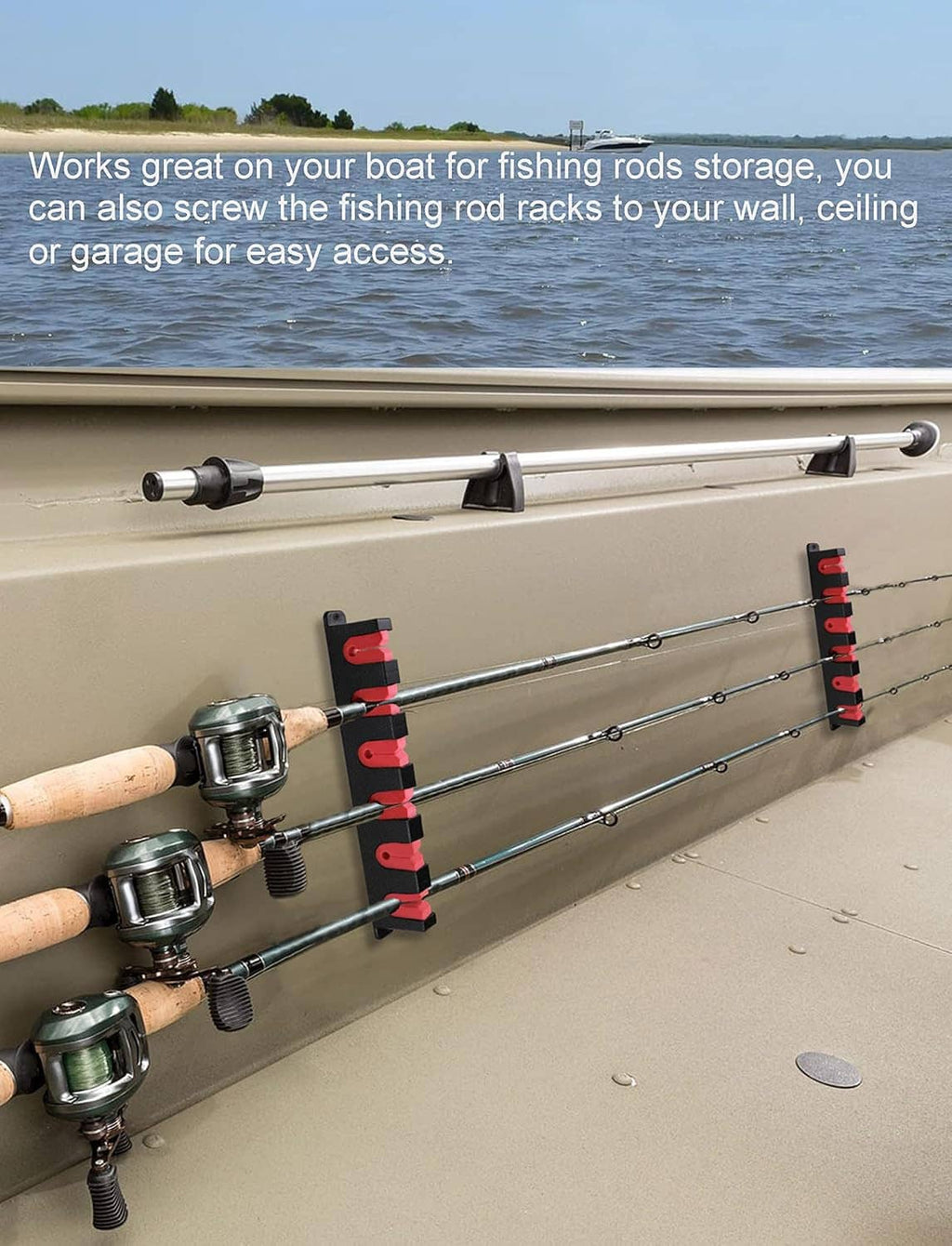 Fishing rod rack holders installed on wall, securing rods with red foam grips