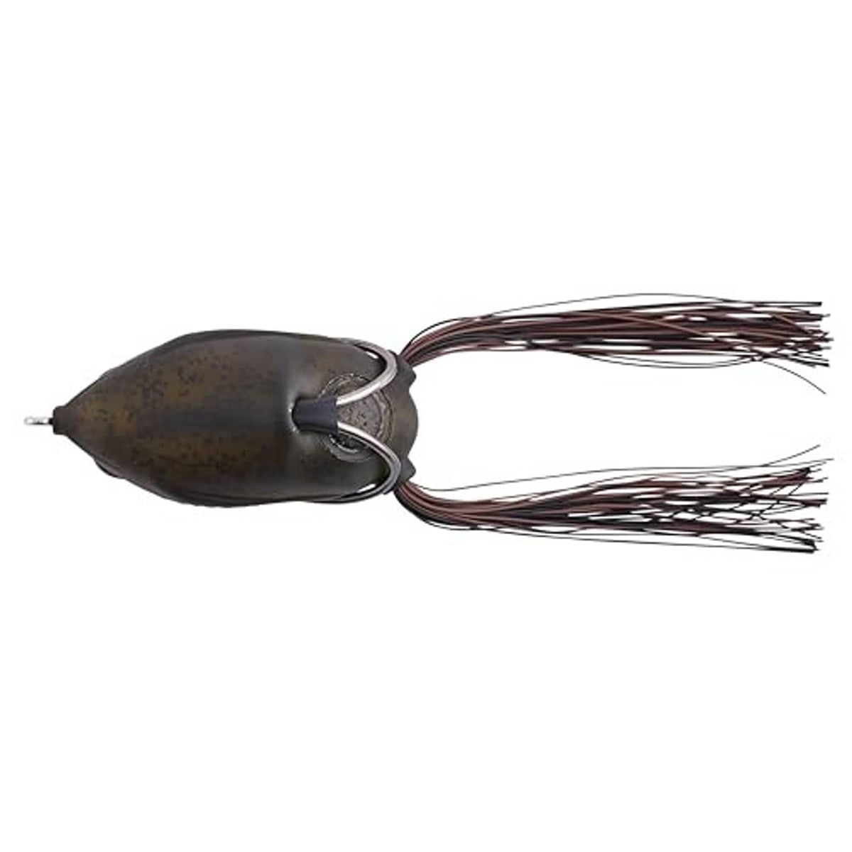 Hollow body frog lure in dark green with ribbed skirt and treble hook