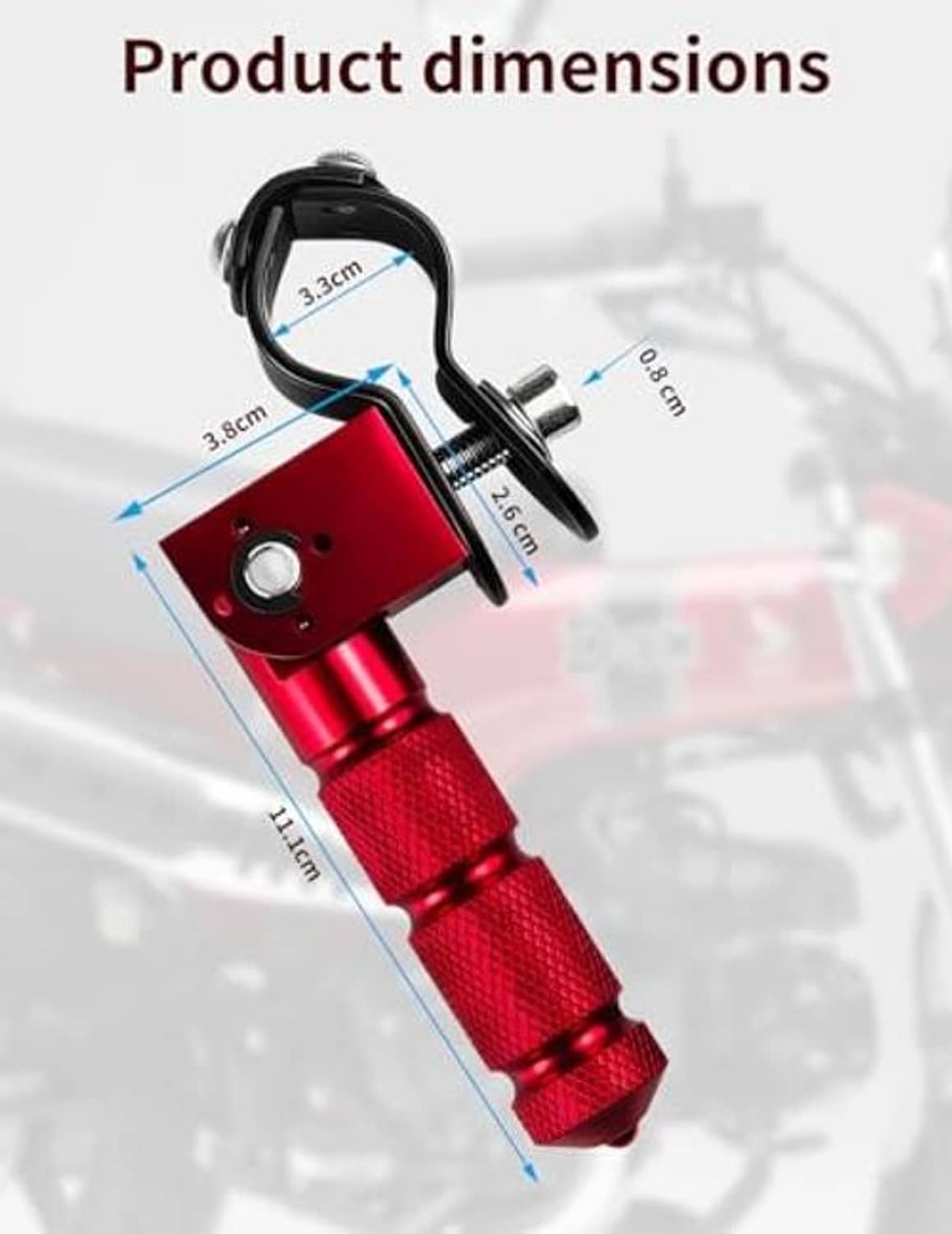 Red foldable footpeg with bracket and lever, shown with product measurements