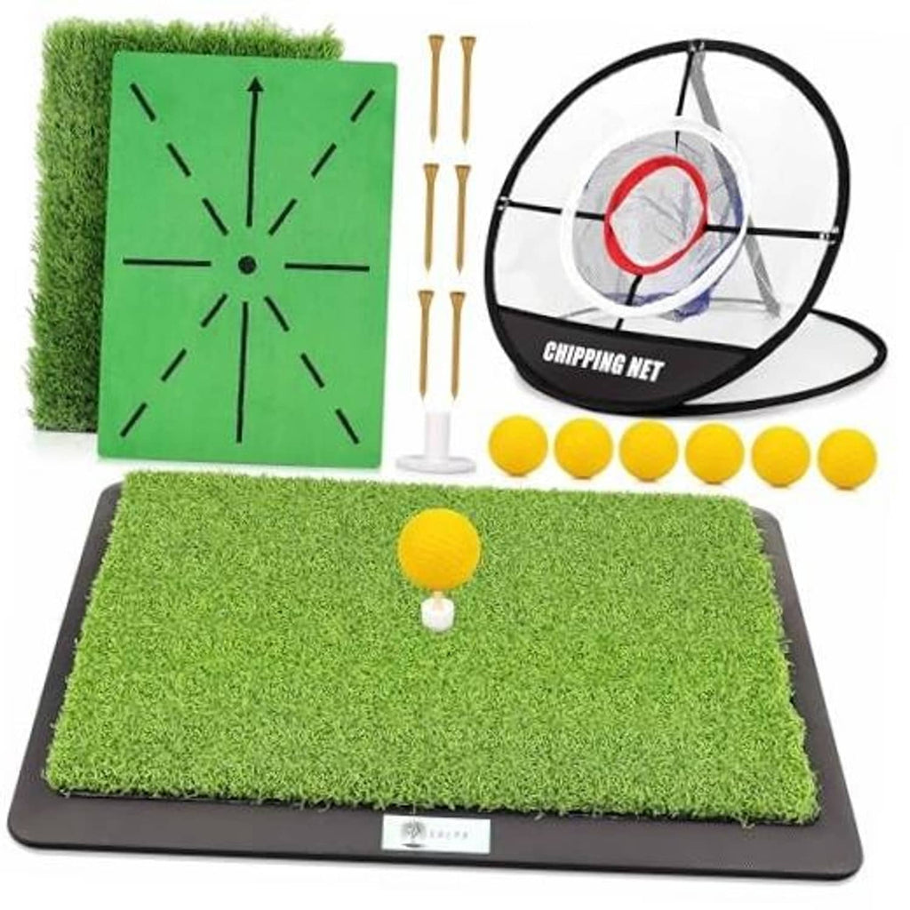 Green golf practice hitting mat on black base with foam balls and tee markers