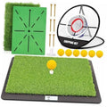 Green golf practice hitting mat on black base with foam balls and tee markers