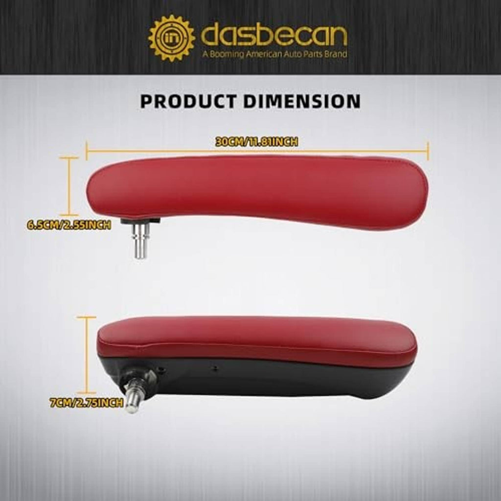 Red seat armrest with black base, featuring metal mounting post and screw points