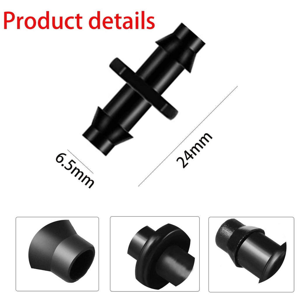 Black barbed connector fittings with barbed ends and 24mm, 6.5mm measurements