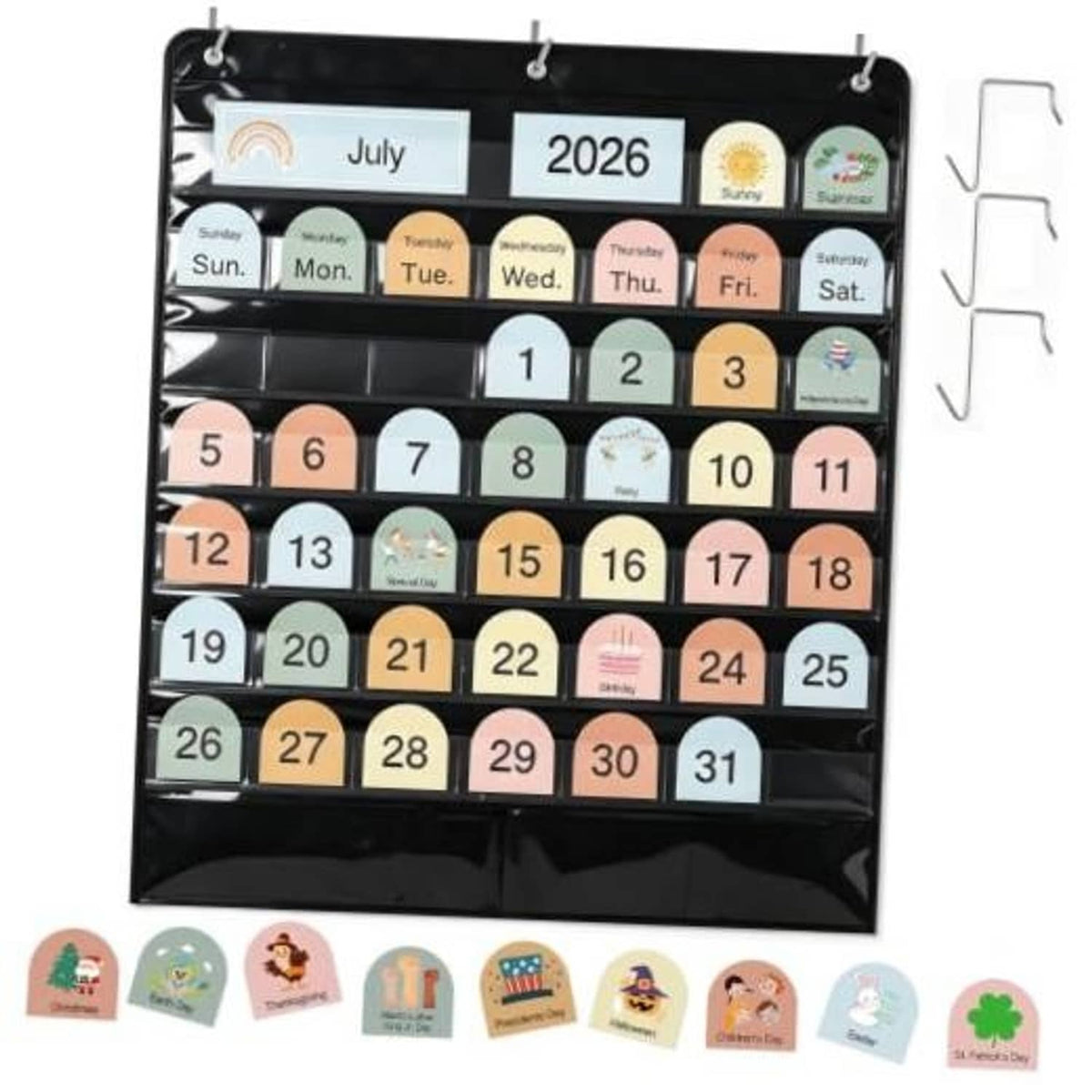 Black 45-pocket calendar chart with July 2026 month header and day/date number pockets