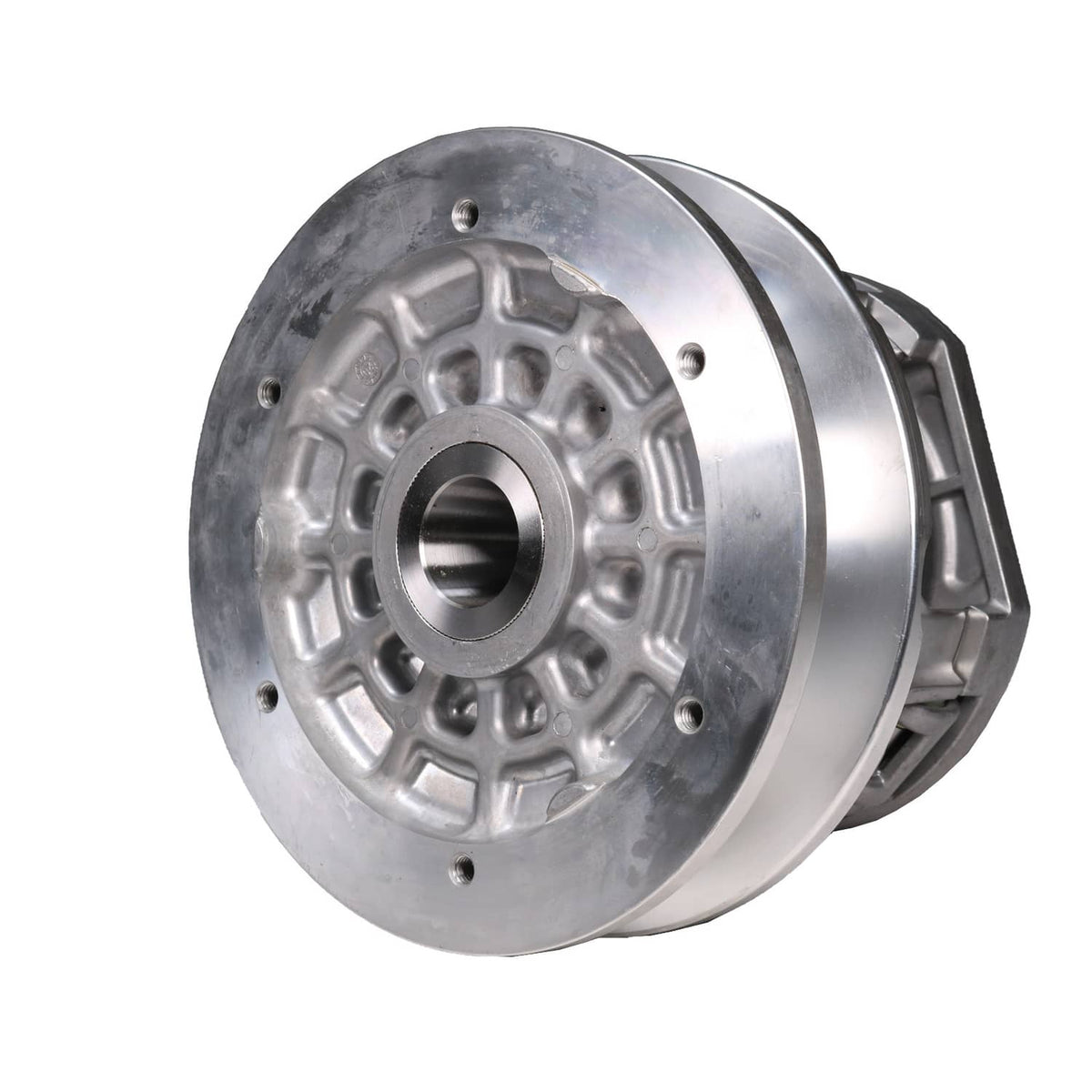 Primary drive clutch outer plate with central bearing bore and side brackets