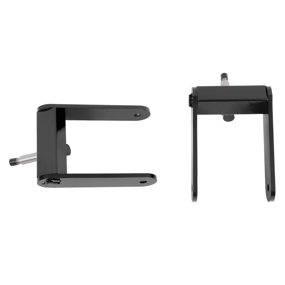 Black mower fork mount bracket set with axle shaft and side mounting arms
