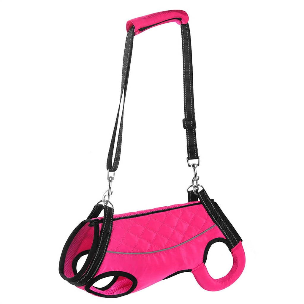 Pink small-dog lift harness with black straps, front loop and two metal rings