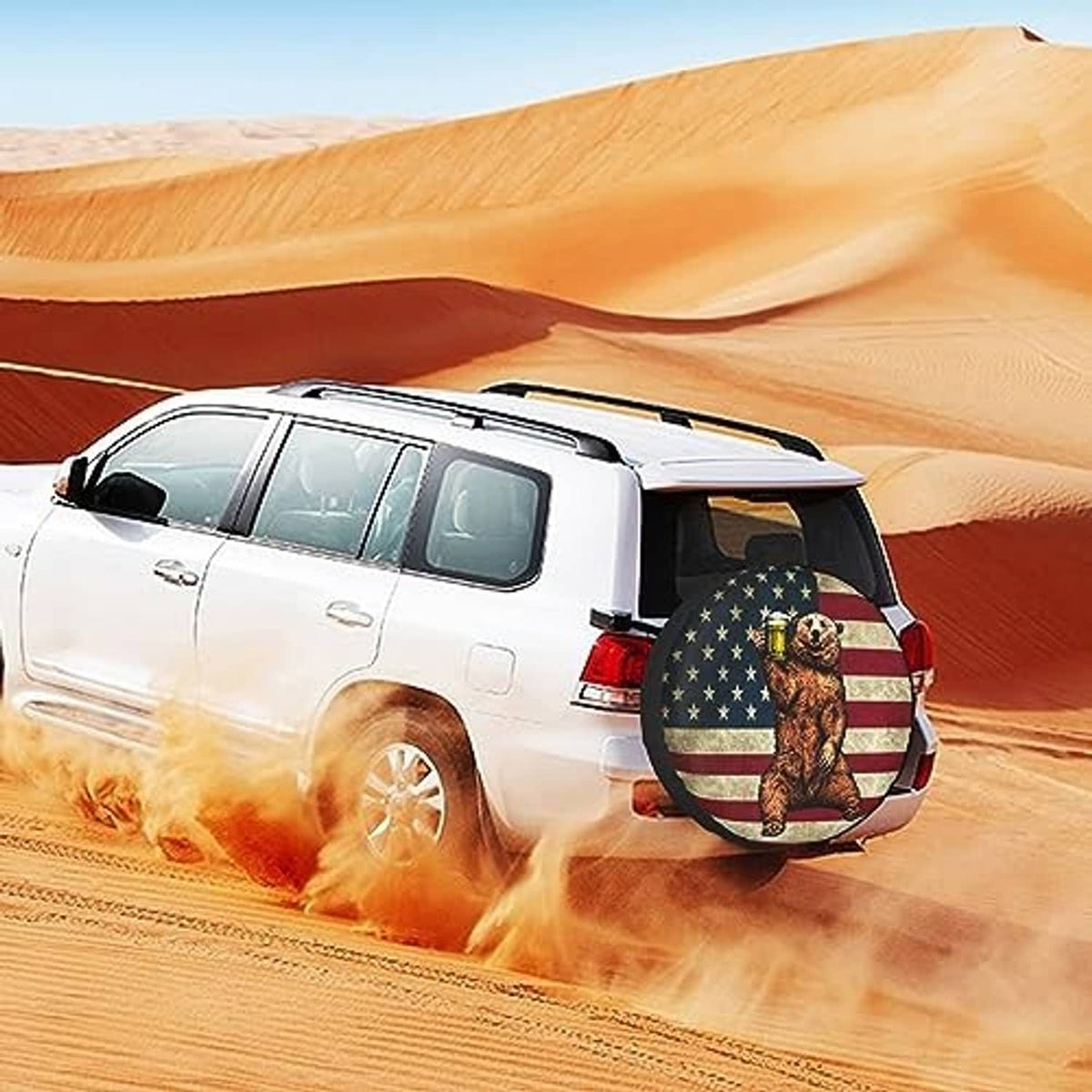 Circular spare tire cover featuring bear and American flag graphic with black outer edge