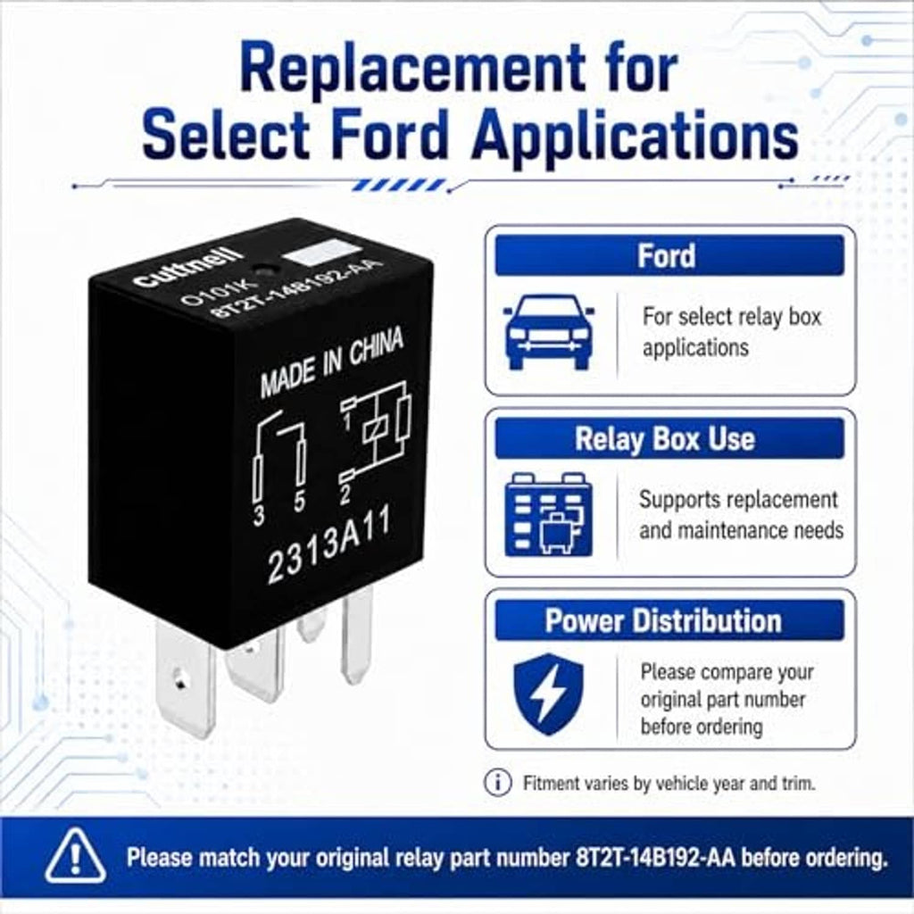 Black 4-pin automotive relay with metal prongs, labeled 8T2T-14B192-AA and 2313A11