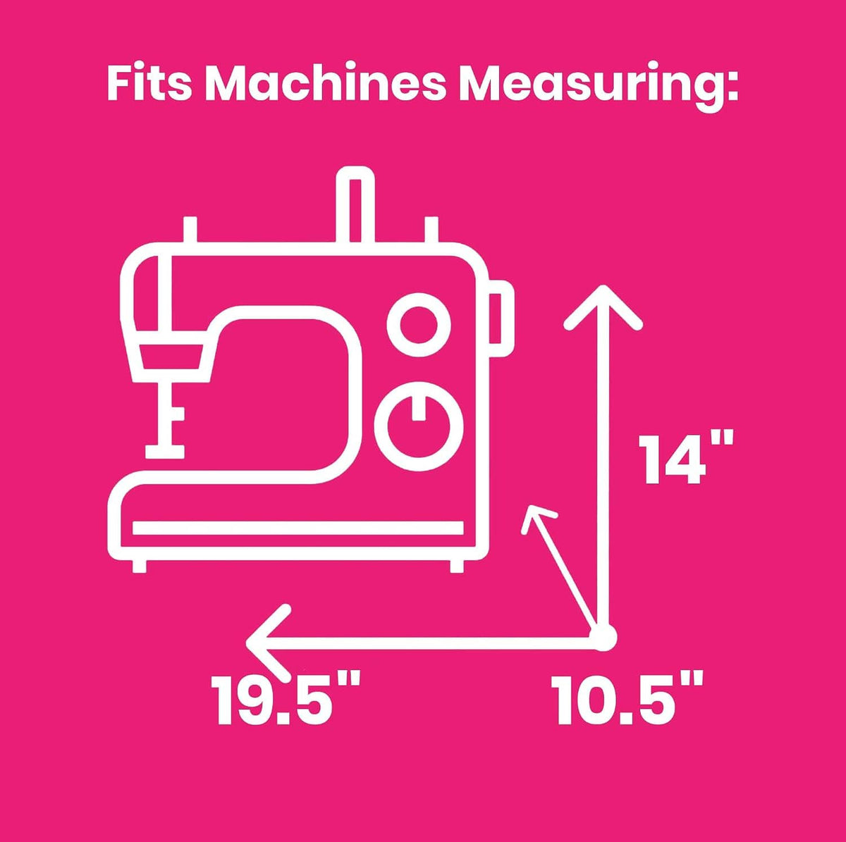 Sewing machine storage case size diagram with 19.5 in x 14 in measurements