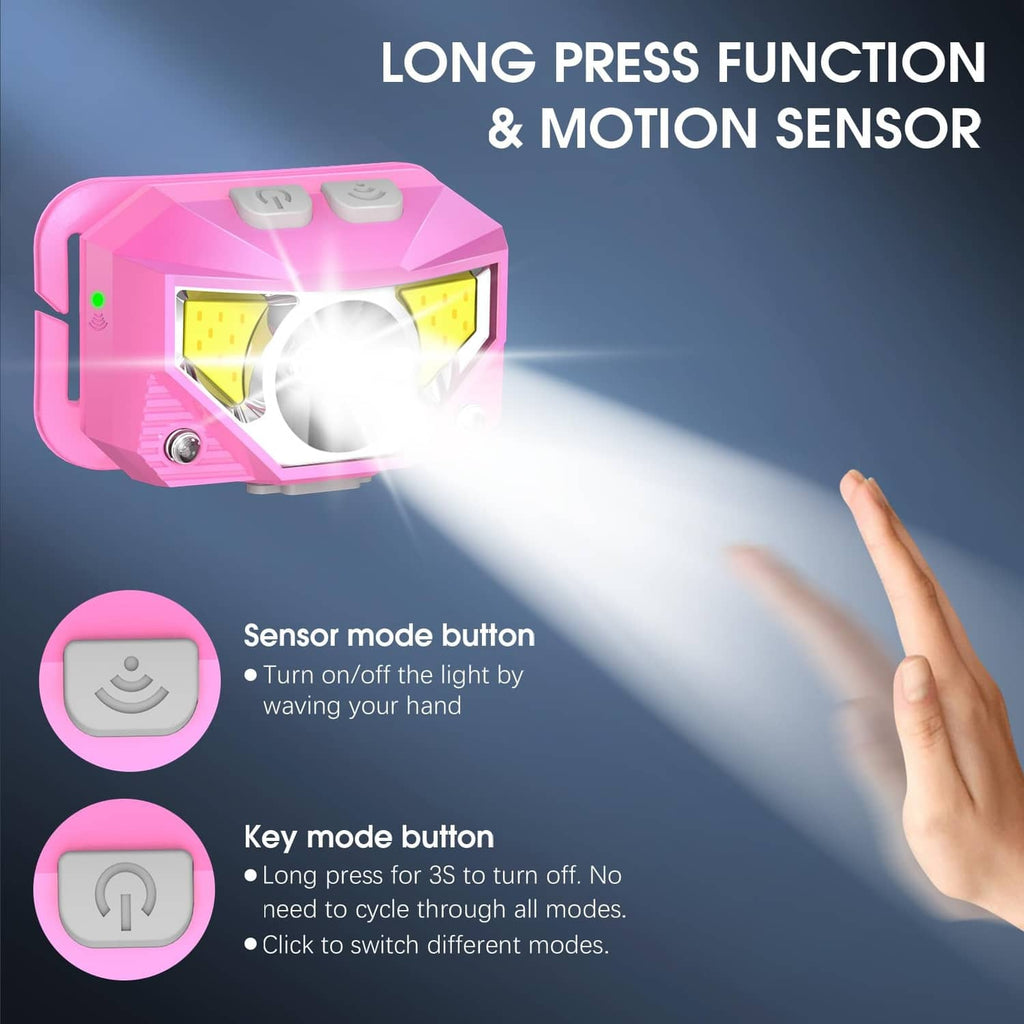 Pink LED headlamp with motion-sensor style control and bright front beam